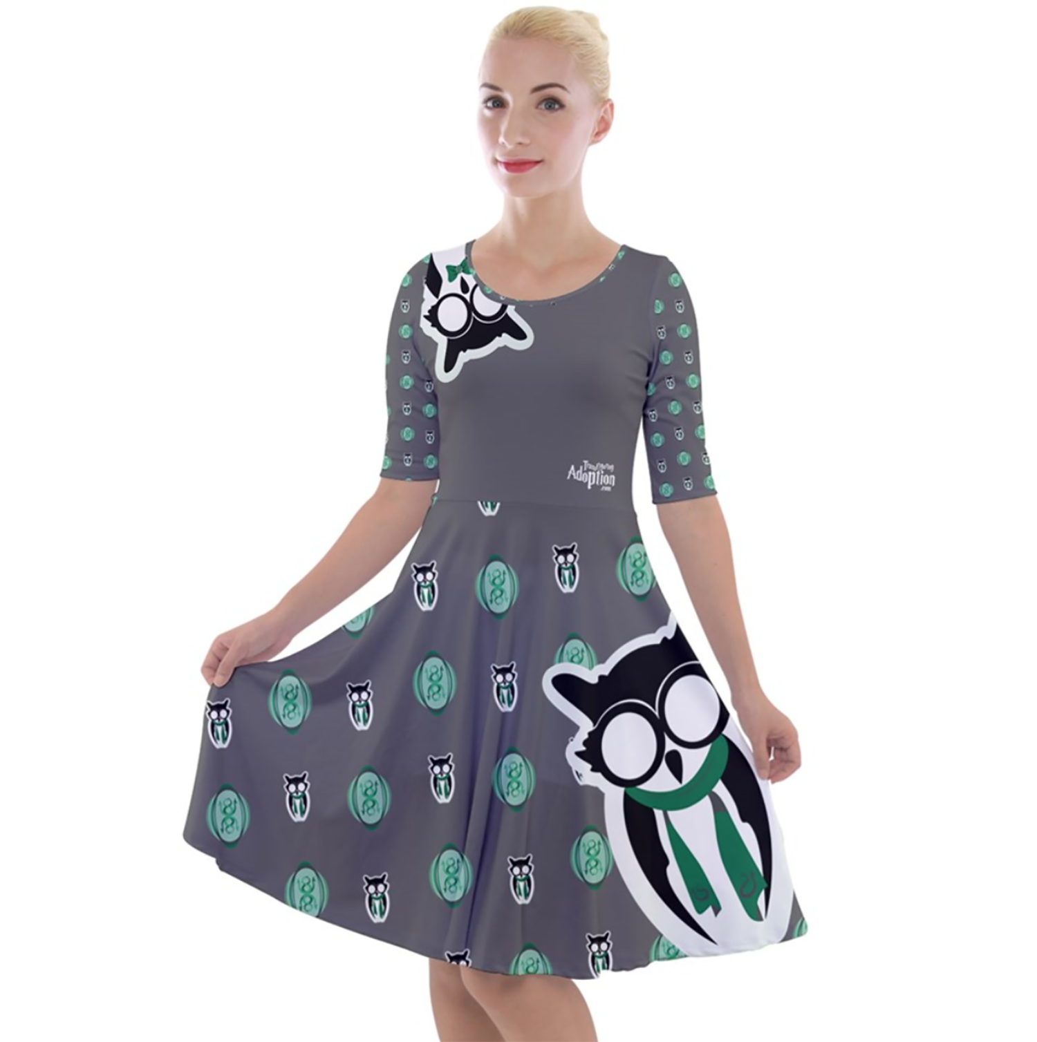 Owl (Green) Patterned Dress - Quarter Sleeve A-Line Dress - Inspired by Slytherin