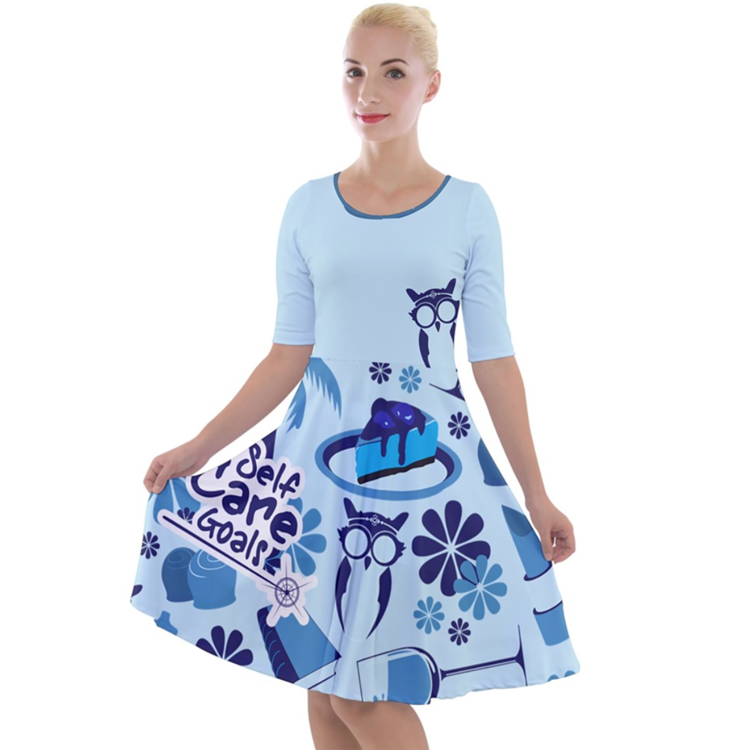 "Self-Care Goals" (BLUE) Quarter Sleeve A-Line Dress