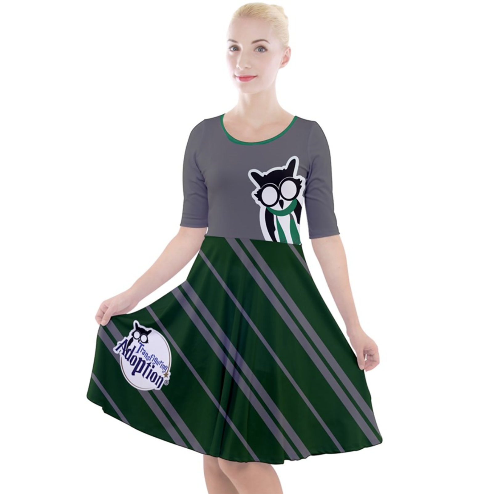 Owl (Green) Striped Dress - Quarter Sleeve A-Line Dress - Inspired by Slytherin