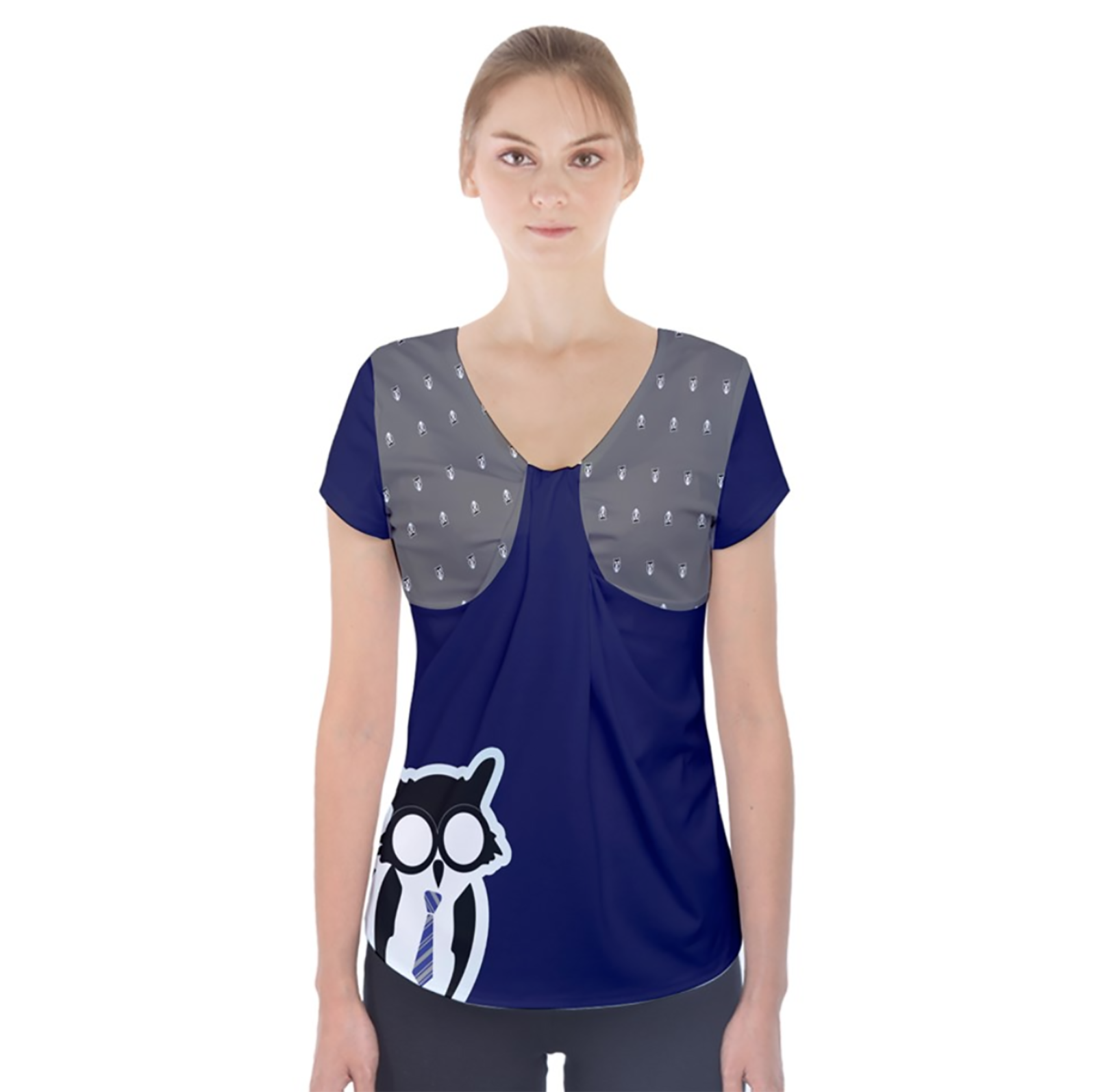 Blue/gray Owl Short Sleeve Front Detail Top - Inspired by Ravenclaw