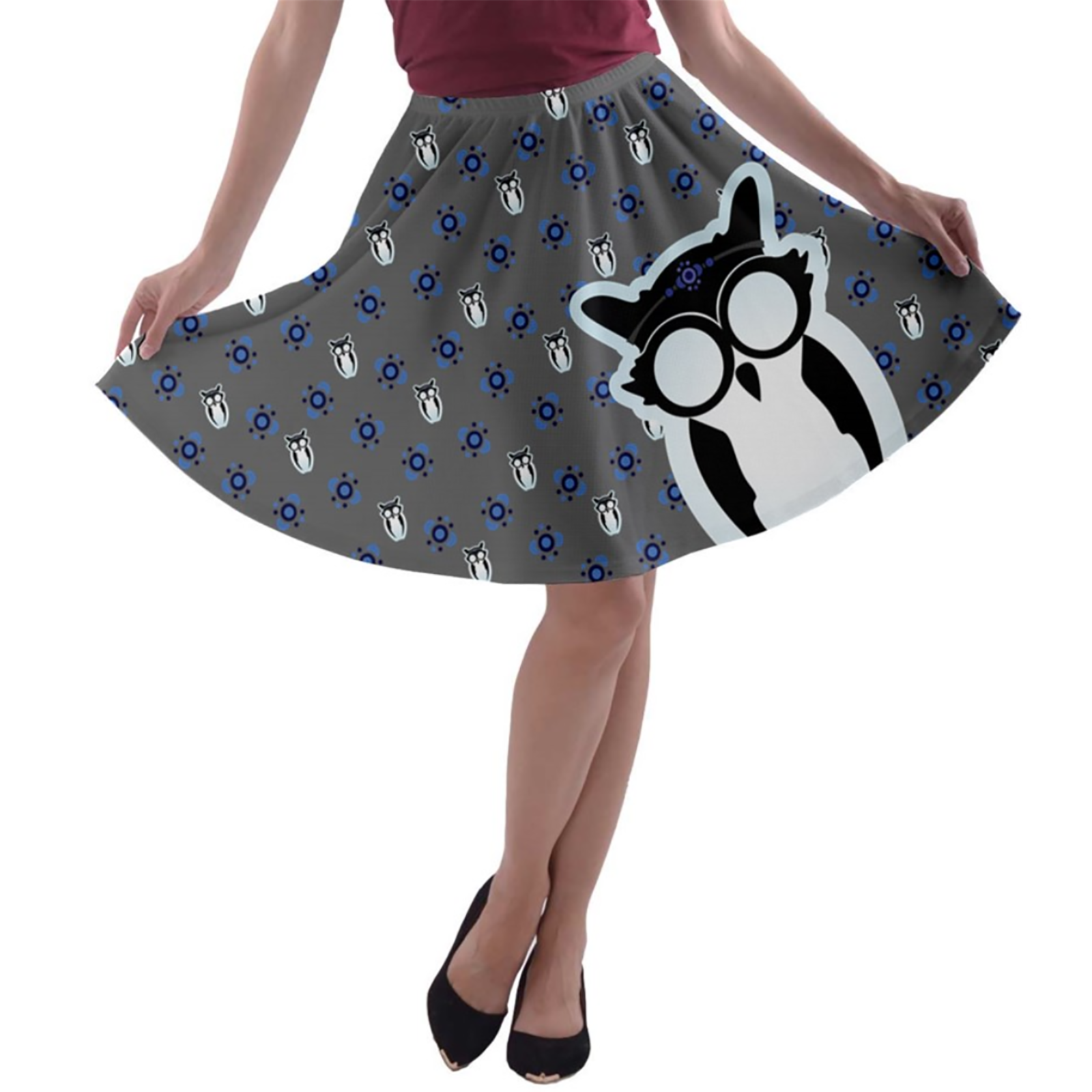 Blue/gray Pattern Owl A-line Skater Skirt - Inspired by Ravenclaw