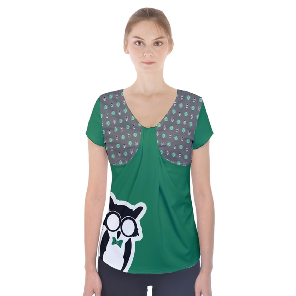 Green/gray Owl Short Sleeve Front Detail Top - Inspired by Slytherin