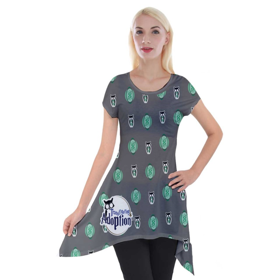 Green/gray Pattern Women's Short Sleeve Side Drop Tunic - Inspired by Slytherin
