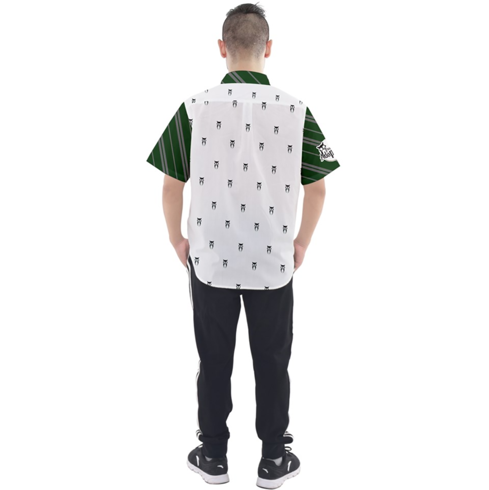 Green & Gray Owl Patterned Button Up Short Sleeve Shirt - Inspired by Slytherin House