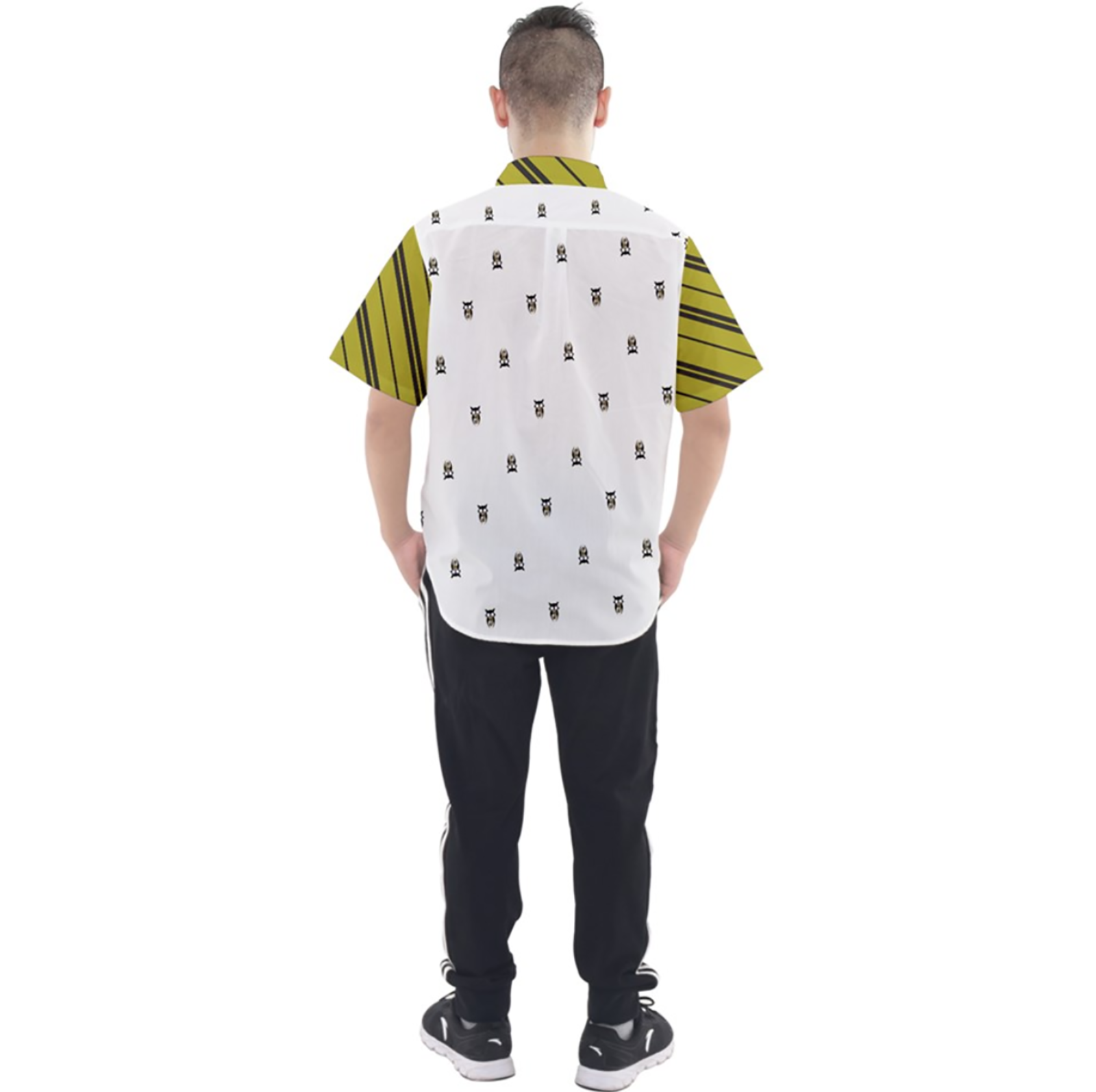 Yellow & Black Owl Patterned Button Up Short Sleeve Shirt - Inspired by Hufflepuff House