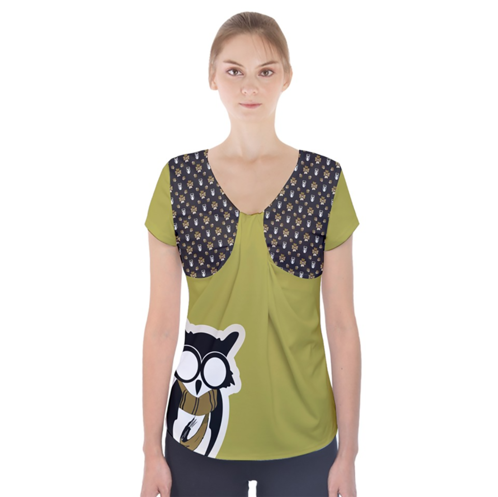 Yellow & Black Owl Short Sleeve Front Detail Top - Inspired by Hufflepuff