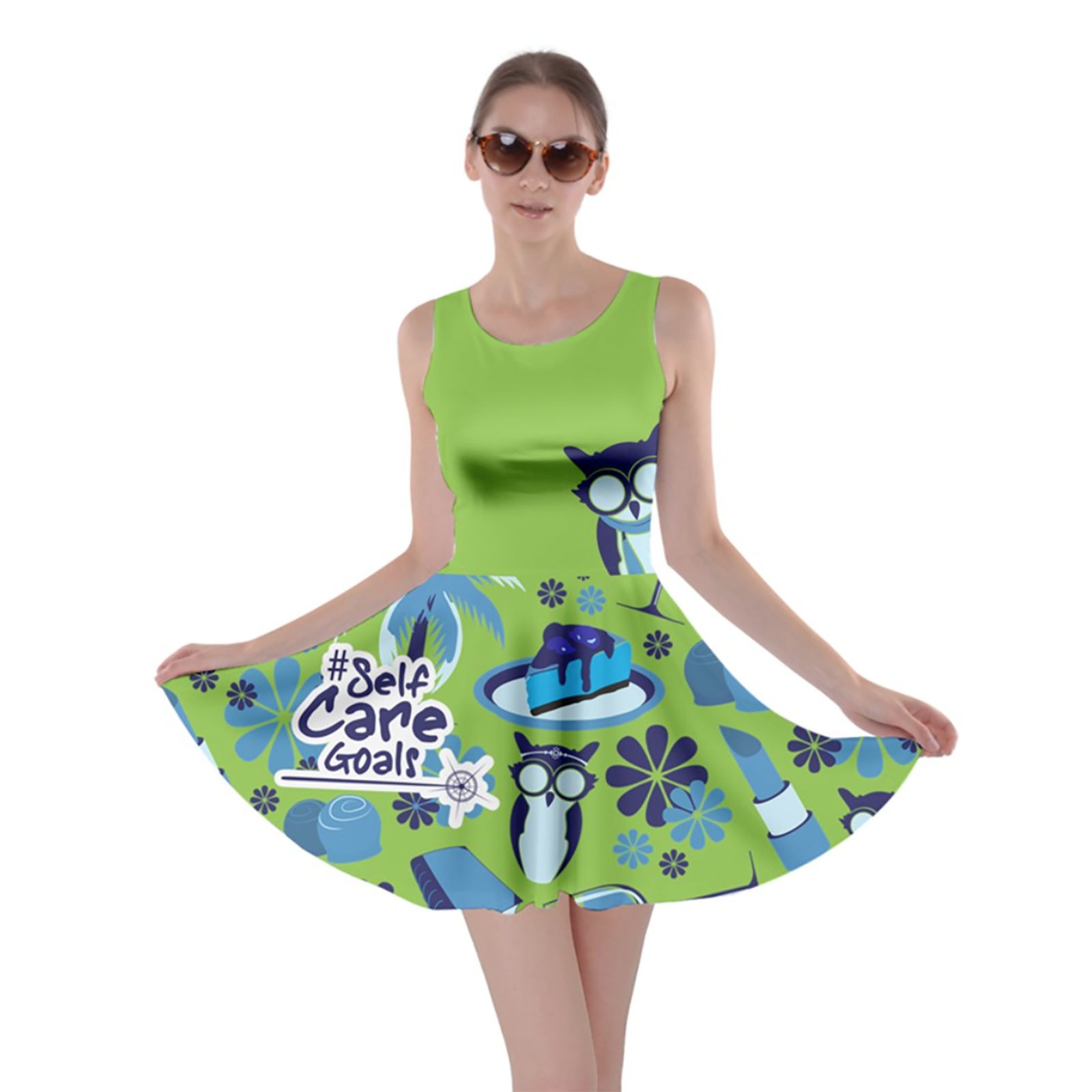 Self-Care Pattern Skater Dress (Green)