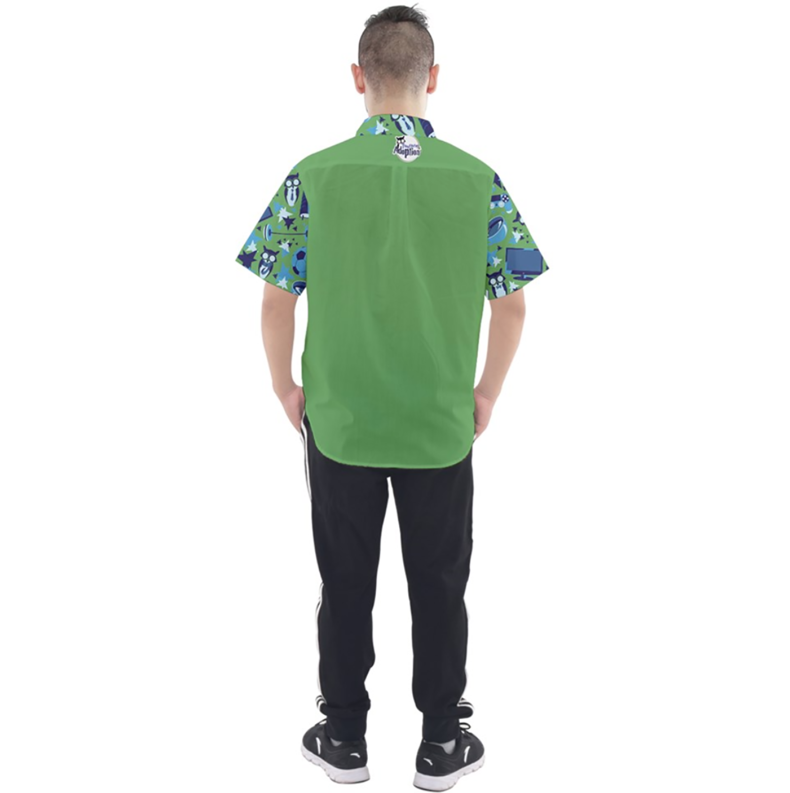 Self-Care Men's Button Up Short Sleeve Shirt (Green Solid Background)