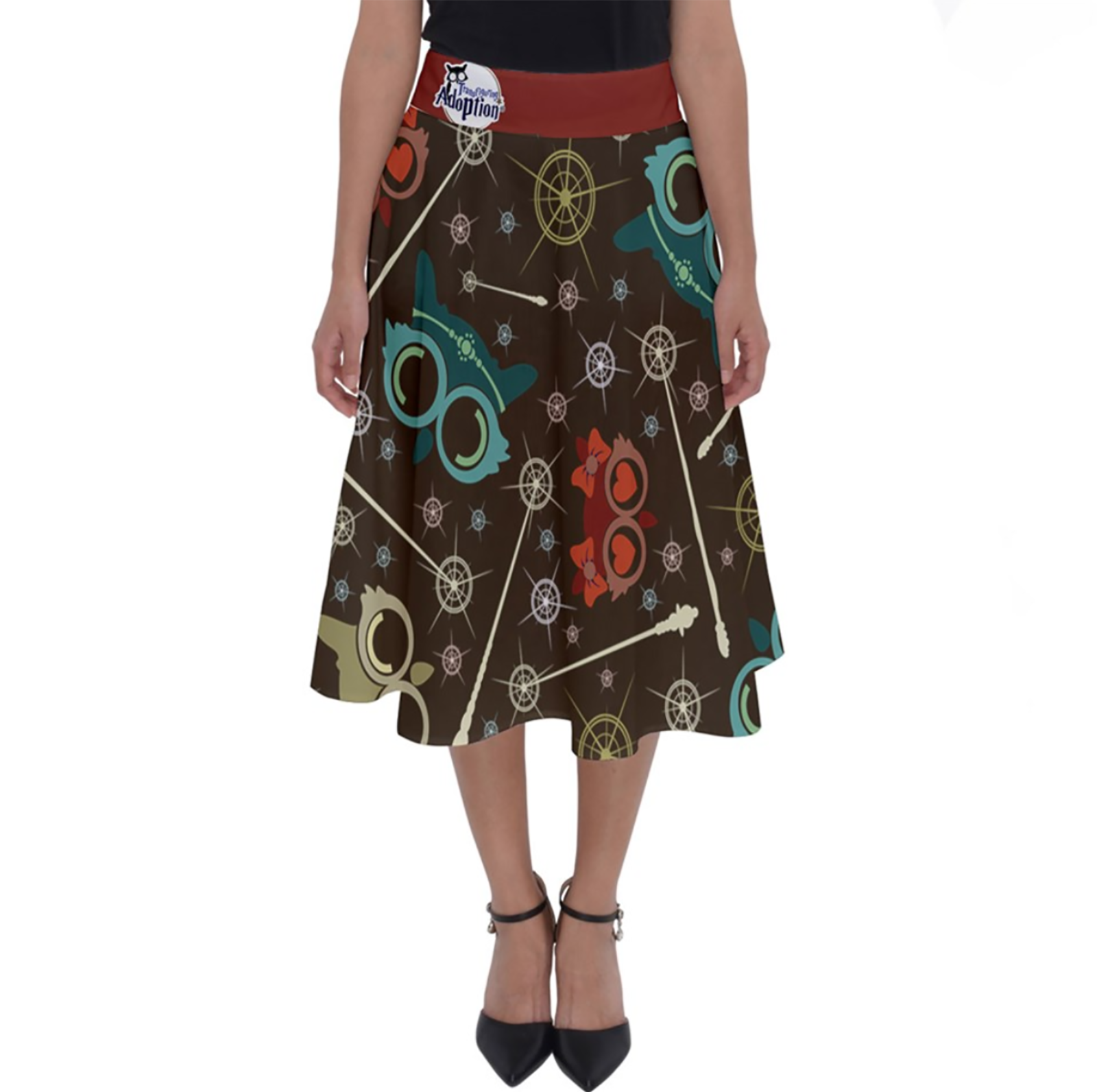 Vintage Emoji Owl Perfect Length Midi Skirt (Patterned - Red Waist)