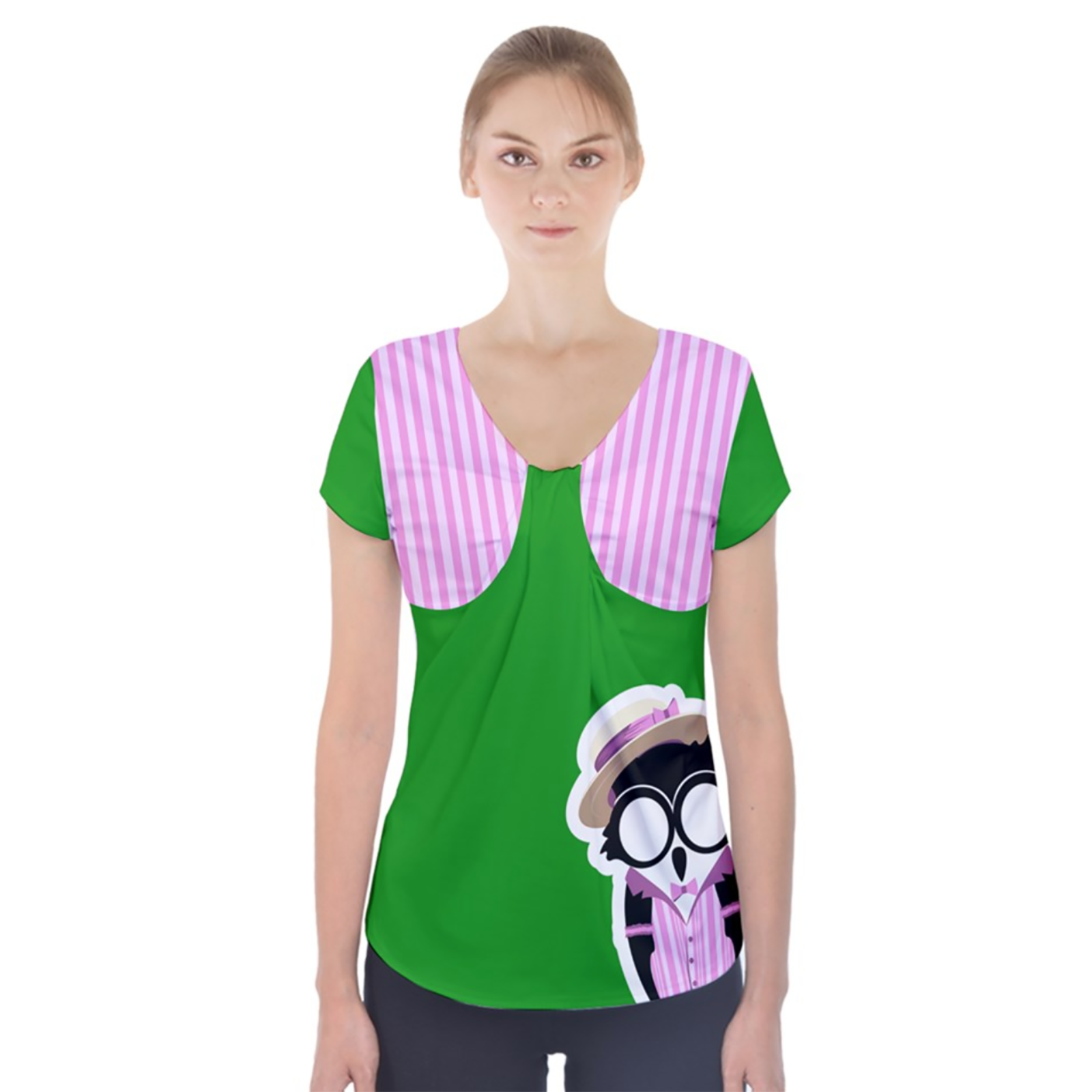 Candy Store Owl Short Sleeve Front Detail Top (green)