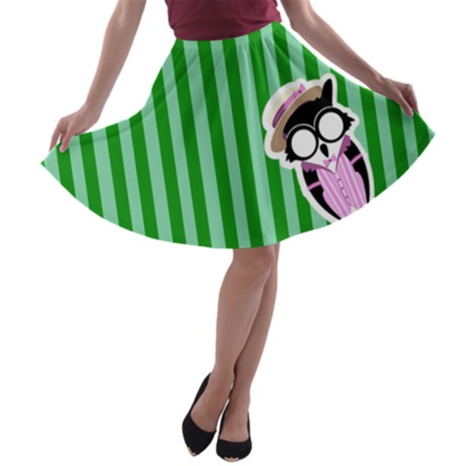 Candy Store Owl A-line Skater Skirt (Green Striped Pattern)