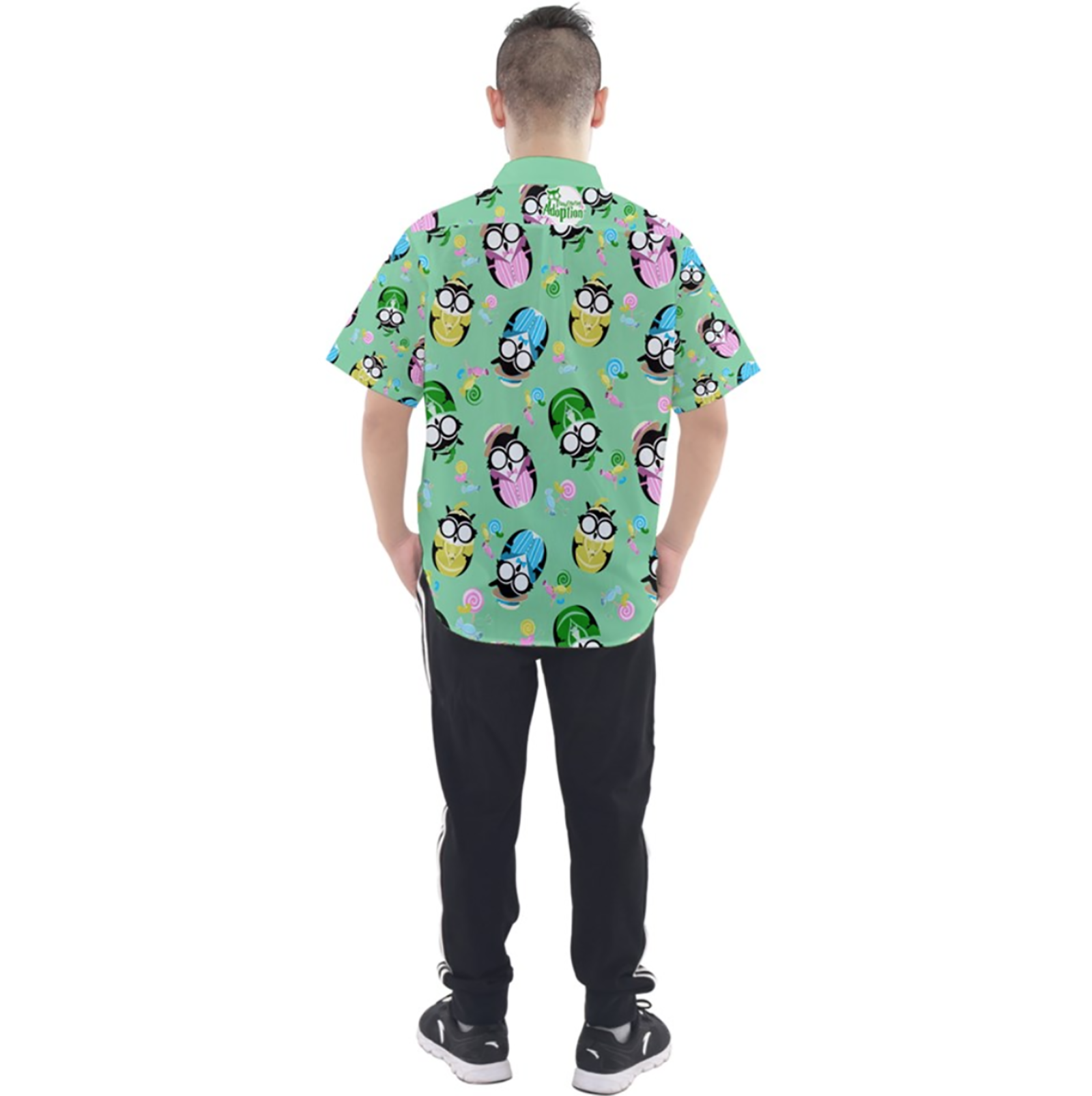 Easter Owl Patterned Button Up Short Sleeve Shirt (green)